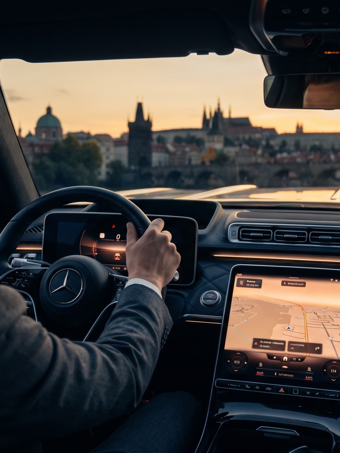 Chauffeur driving a Mercedes-Benz S-Class toward the Prague skyline at sunset
